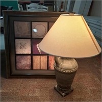 Table lamp and framed art.