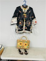 Asian silk jacket, hand embroidered./ tote