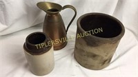 Stoneware jar, crock and copper pitcher