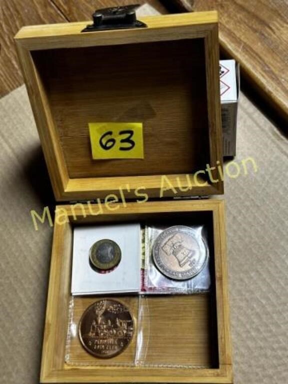 FOREIGN COINS IN WOODEN BOX