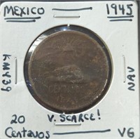 Very scarce 1945 Mexican 20 centavos coin