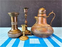 Copper and brass tea pot vase and candle sticks