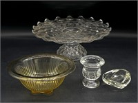 Glass Cake Plate, Amber Glass Bowl, and More 
-