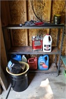 METAL SHELF WITH COLEMAN FUEL, BAR & CHAIN OIL,
