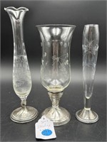 3 PC WEIGHTED STERLING BASE AND GLASS VASE LOT