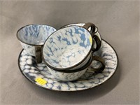 Blue and White Agateware Mugs with Plate