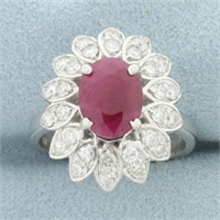 Ruby and Diamond Flower Ring in 14k White Gold