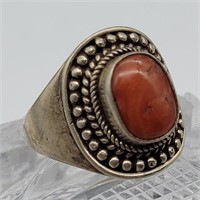 CORAL SET IN STERLING SILVER RING SZ 7.25