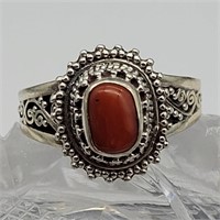 STERLING SILVER CORAL RING SZ 10 ADJUSTABLE