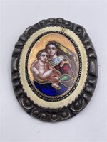 Antique Enamel Virgin Mary Brooch Pin