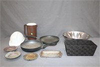 Lot Fry Pans, Hard Hat, Etc