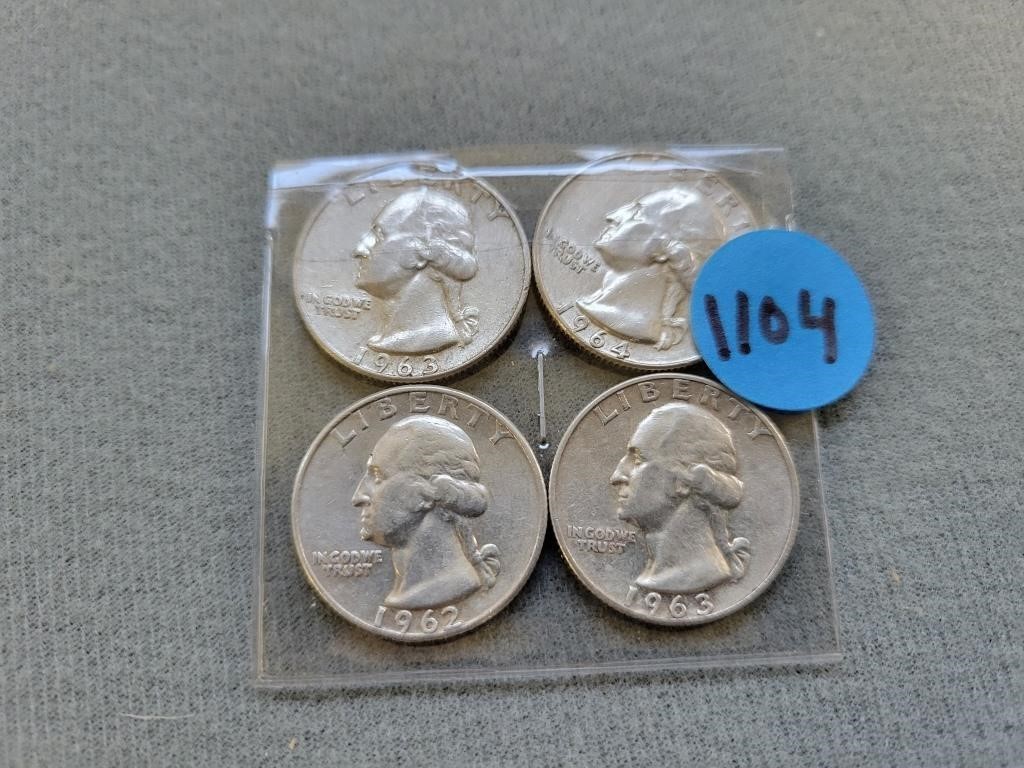 4 Washington quarters; 1962d, 1963, 1963d, 1964d.