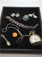 TRAY WITH MISC. GOLD, SILVER, POCKET WATCH, BRACEL
