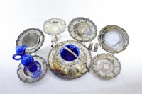 Silver Plate & Cobalt Glass Trays & Bottle