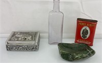 Vintage lot bottle, box, cigarette tin and jade