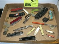 FLAT OF ASSORTED KNIVES, FOREIGN COINS