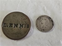 Large Cent and French 50 Cents