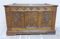 Neo Gothic Tracery and Linen Fold Carved Chest.