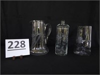 (2) Etched Pitchers & Covered Container