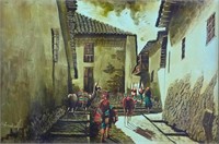 Peruvian Village Painting, Oil on Canvas Signed