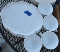 4 milk glass snack trays and cups