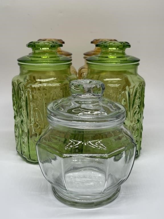 4- Vtg. Federal Glass Canisters, 2 Green 2 Amber +