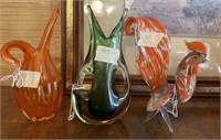 Three Hand Bowl Art Glass Vases and Bird