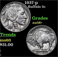 1937-p Buffalo Nickel 5c Grades Choice AU/BU Slide