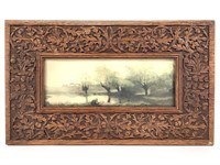 Vtg Watercolor w Carved Wood Frame, Wash Woman