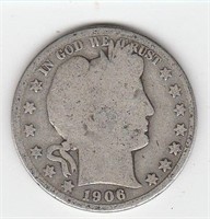 1906 S US Barber Half Dollar Coin 90% Silver
