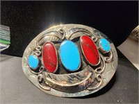 Turquoise & Coral Belt Buckle