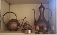 Copper Tone Items- Tea Pot, Shot Glasses, Etc