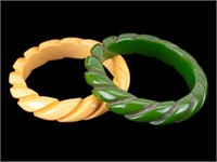 Bakelite Carved Vintage Bracelets (2) Green,Yellow