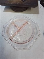 Pink depression glass 3 section divided plate