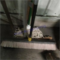 Mop, push brooms, dustpan on handle,