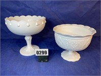 2 Milk Glass Candy Dishes w/Designs