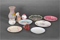 Vintage China Plates, Vase, Glass Figurine