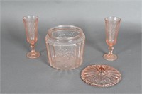 Vtg Pink Depression Glass - Biscuit Jar, Stemware