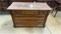 Walnut Marble Top Chest w/ Carved Oak Leaves