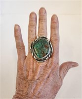 Big Turquoise & Silver Navajo Ring Size 9 1/2