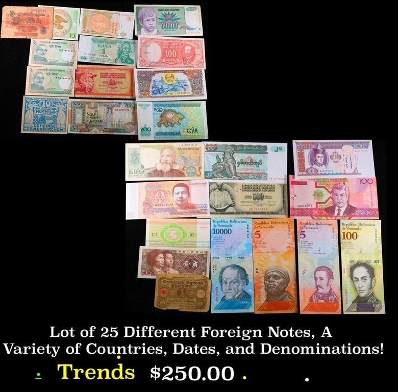 Lot of 25 Different Foreign Notes, A Variety of Co