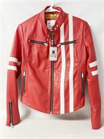 Women Biker White Stripped Red Leather Jacket