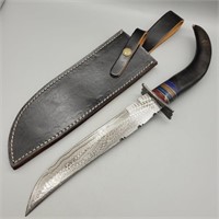 DAMASCUS STEEL BULL HORN HANDLED BOWIE KNIFE 16"