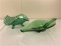 Pair of green glass footed bowls