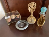 WRAPPED PERFUME BOTTLE WITH ROSES, DRESSER BOX W/