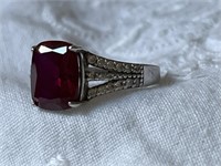Sterling Silver Ring w/ Ruby & Diamond Chips Size