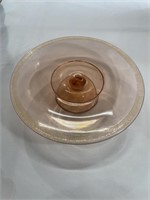 Pink depression glass cake plate. One chip on the