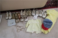 Vintage baby shoes, clothing, spectacles