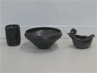 Three Black Clay Pottery Pieces See Info