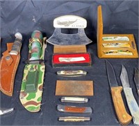 Assortment of Knives, Sheaths & Sharpening Stones